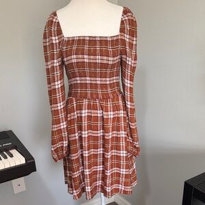 Copper Key Brown Plaid Long Sleeve Dress